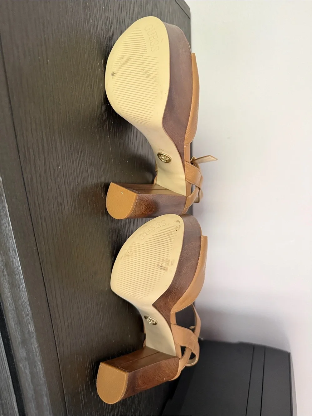 Guess Tan Platform Sandals with Wooden Block Heel